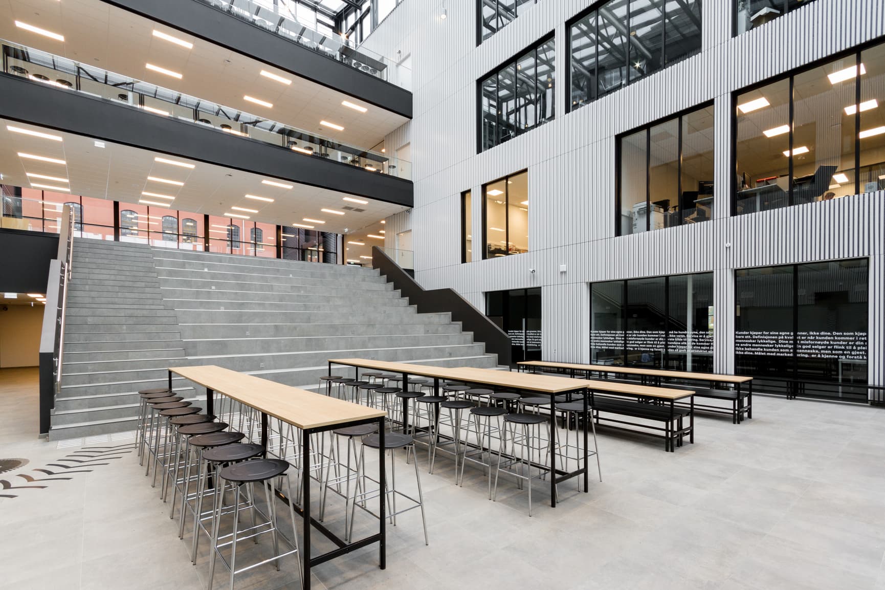 Fellearealer i Skien videregående skole med en lys fargepalett med mørke kontraster